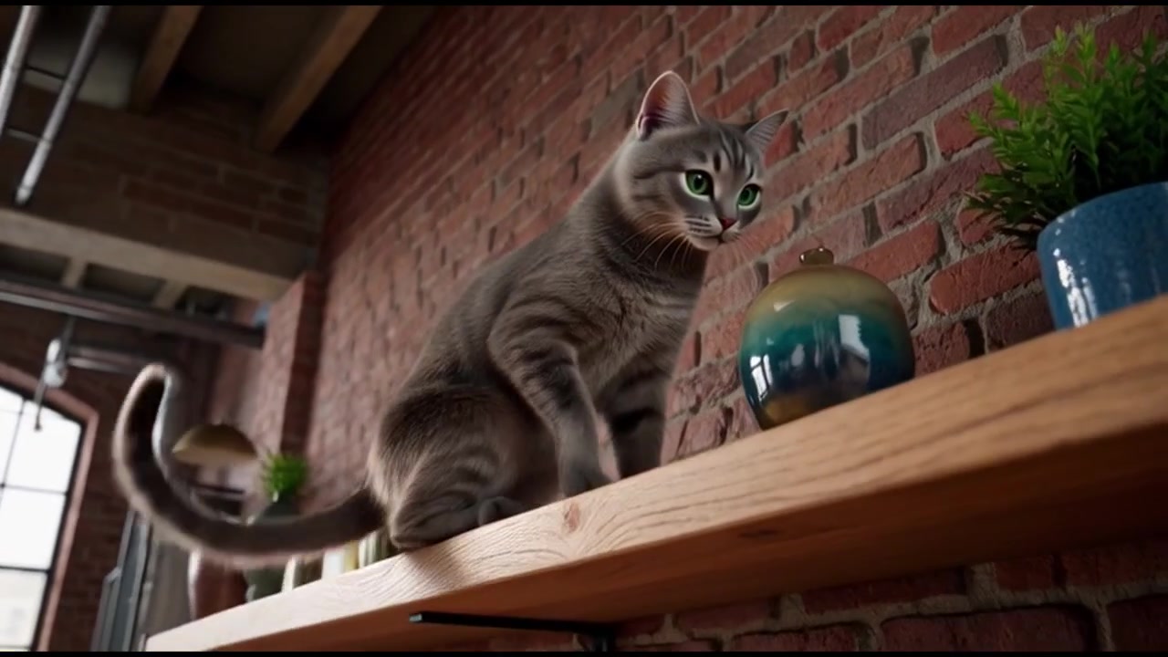 Gatto tigrato grigio che salta su una mensola di legno in un appartamento moderno.