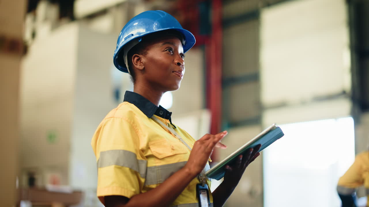 Young Black Woman Engineer Using Digital Tablet in Industrial Setting