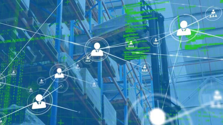 Animation of network of connections with icons and data processing over warehouse