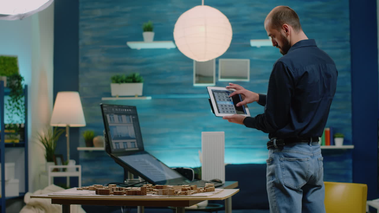 Architect looking at tablet with building model for development