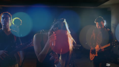 band members performing music rehearsal, with animated soundwaves floating around microphone
