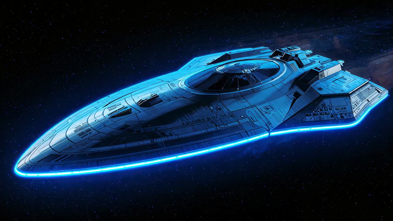 Clip starting futuristic spacecraft coasting through deep space, showing central dome and blue band