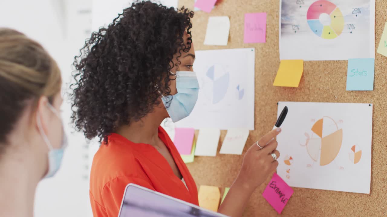 mulher usando máscara de rosto discutindo sobre notas de memorando com seus colegas no escritório