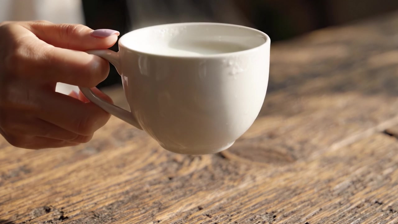 Un Primo Piano di una Mano Che Tiene una Tazza di Ceramica Bianca Piena di Latte Fresco su un Tavolo di Legno Rustico con Illuminazione Naturale