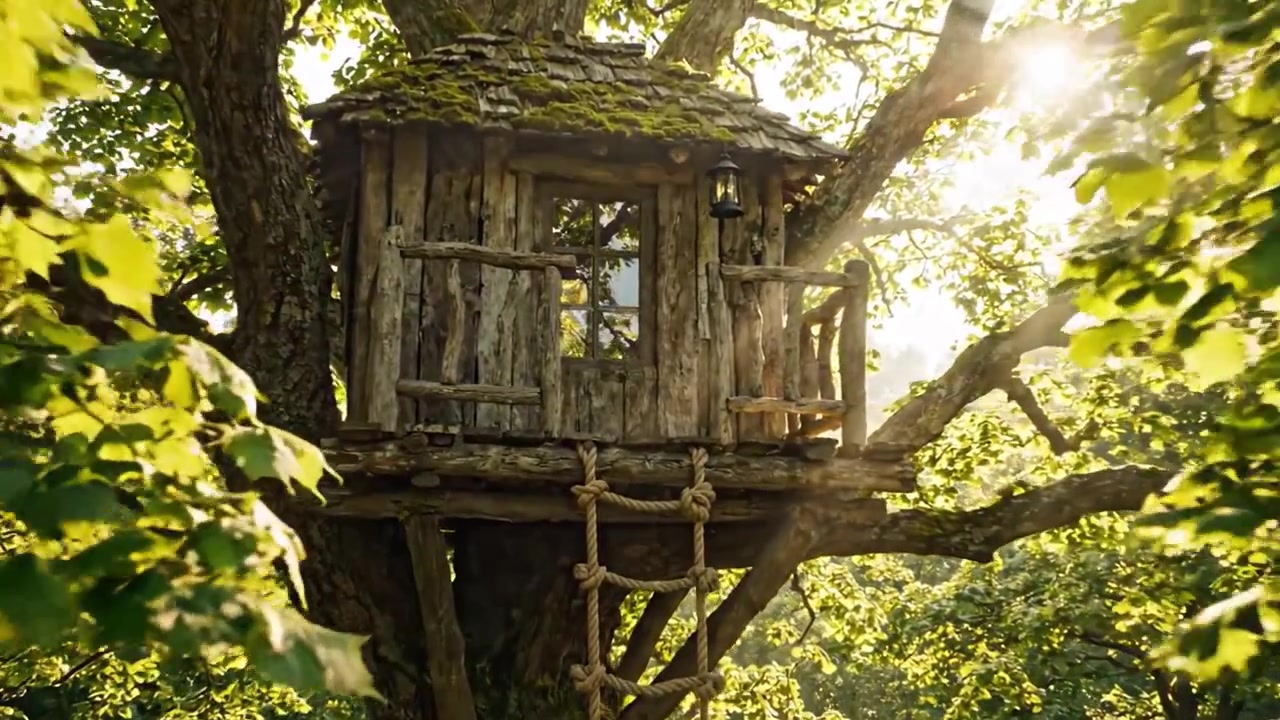 A Rustic Tree House Nestled Among Vibrant Green Foliage, Bathed in Warm Sunlight, Inviting Imagination and Adventure in Nature's Embrace
