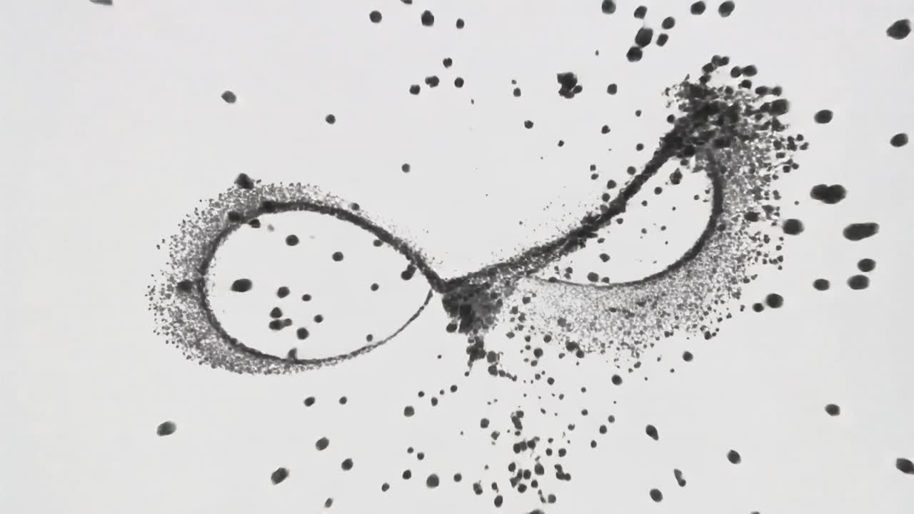 Fragmenting at central crossing, black ink infinity stroke shedding droplets across white sheet