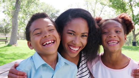 Retrato-En-Cámara-Lenta-De-Una-Madre-Sonriente-Con-Niños-Relajándose-En-El-Parque