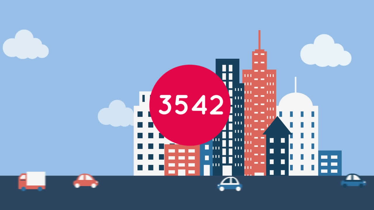 현대 도시 거리 위의  ⁇ 은 원에 상승하는 숫자의 애니메이션