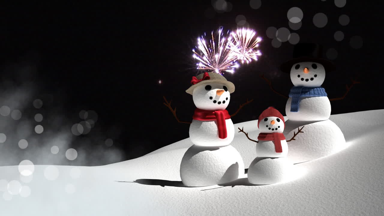 familia de muñecos de nieve con celebraciones de fuegos artificiales de año nuevo