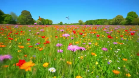 a vibrant summer meadow full of colorful wildflowers under a clear blue sky, inviting nature lovers to enjoy the blossoming beauty of springtime's finest flora