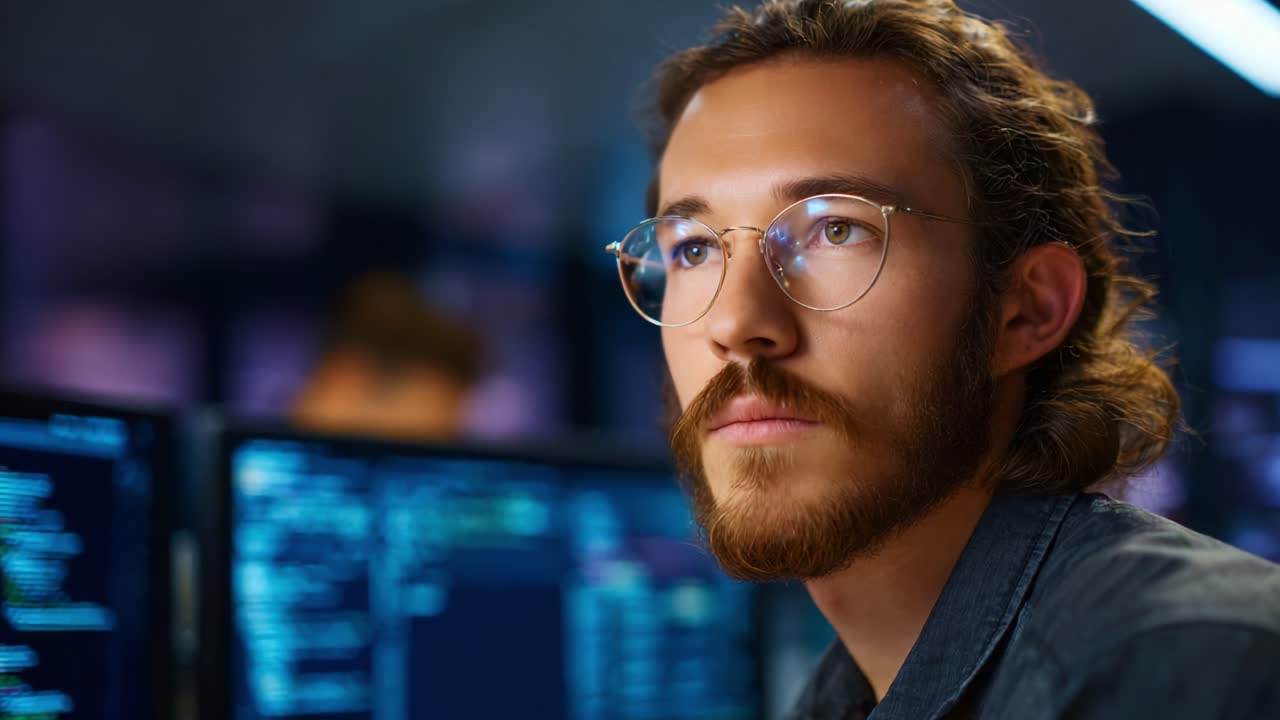 Thoughtful individual immersed in advanced computing, focusing on screens displaying complex coding, showcasing the world of technology and digital innovation