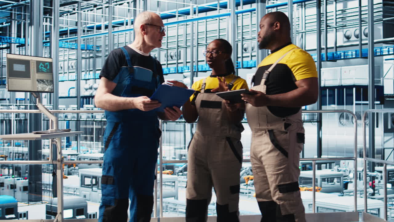 Smart factory engineering team coworkers monitor system performance