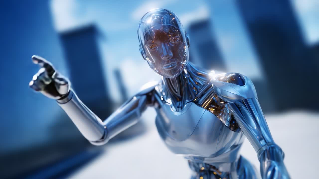 A futuristic reflective humanoid robot in motion, showcasing advanced synthetic materials and design against a blurred cityscape background, embodying innovation and technology