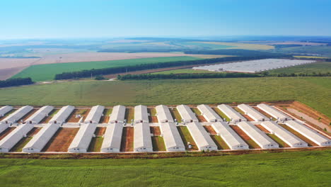 long warehouses at the farm complex location. farmhouses in the vast plantations. another farm territory at the backdrop.