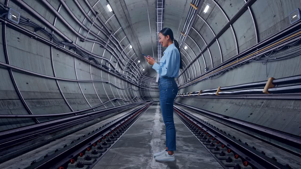 Full Body Side View Of Asian Female With Her Phone In Underground Subway Tunnel, Working Continuously With Her Phone