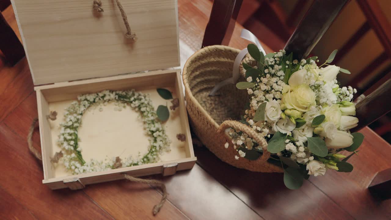 flower crown and bouquet placed together in rustic preparation moment