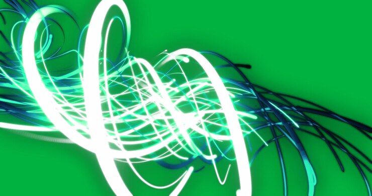 Animação de filamentos de fibra óptica verdes brilhantes girando em fundo transparente
