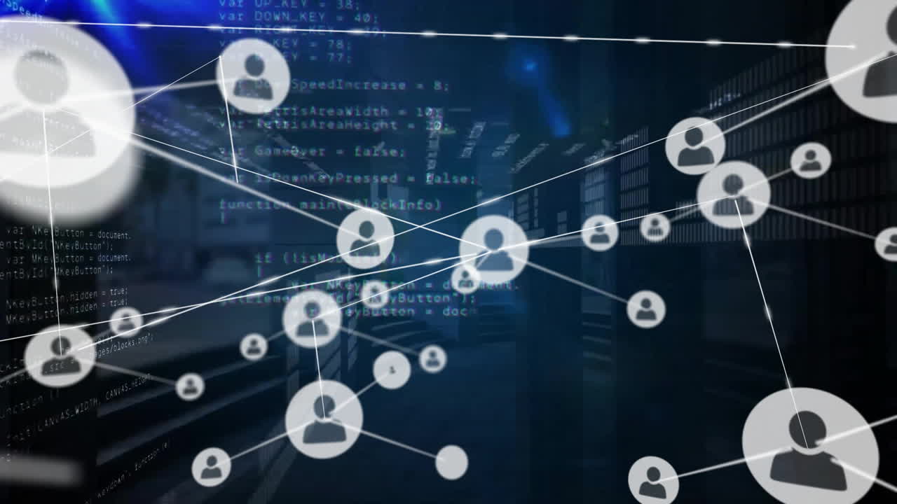 Animation of network of connections with icons over glowing light trails