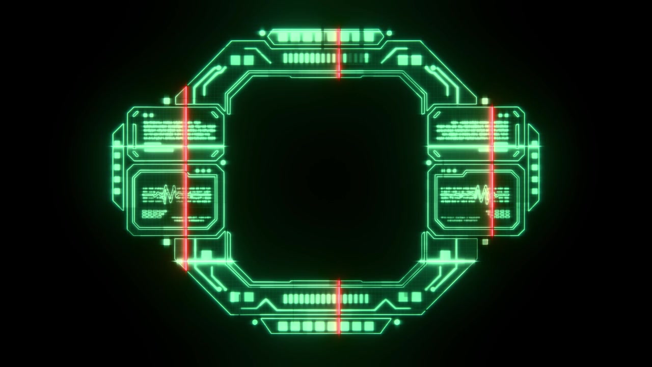 Futuristic Green Neon HUD Interface with Red Scanning Lines