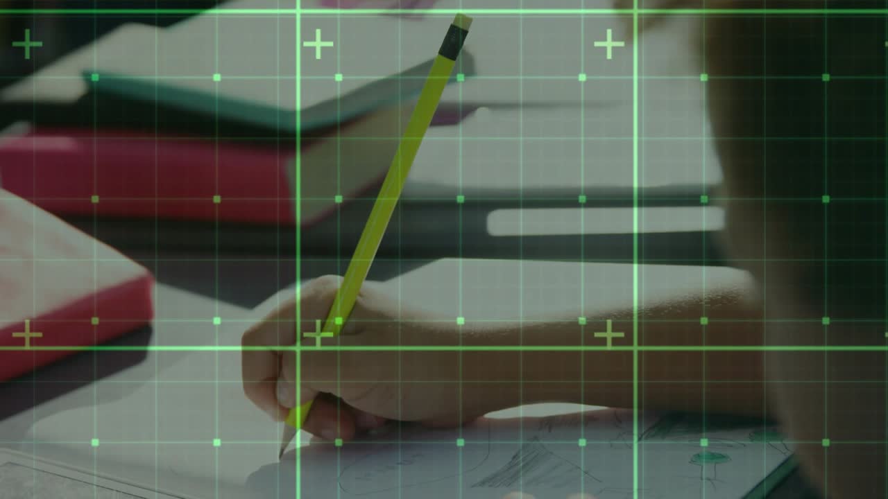 Boy bringing pencil tip to paper, drawing line for sketch practice in education with grid overlay