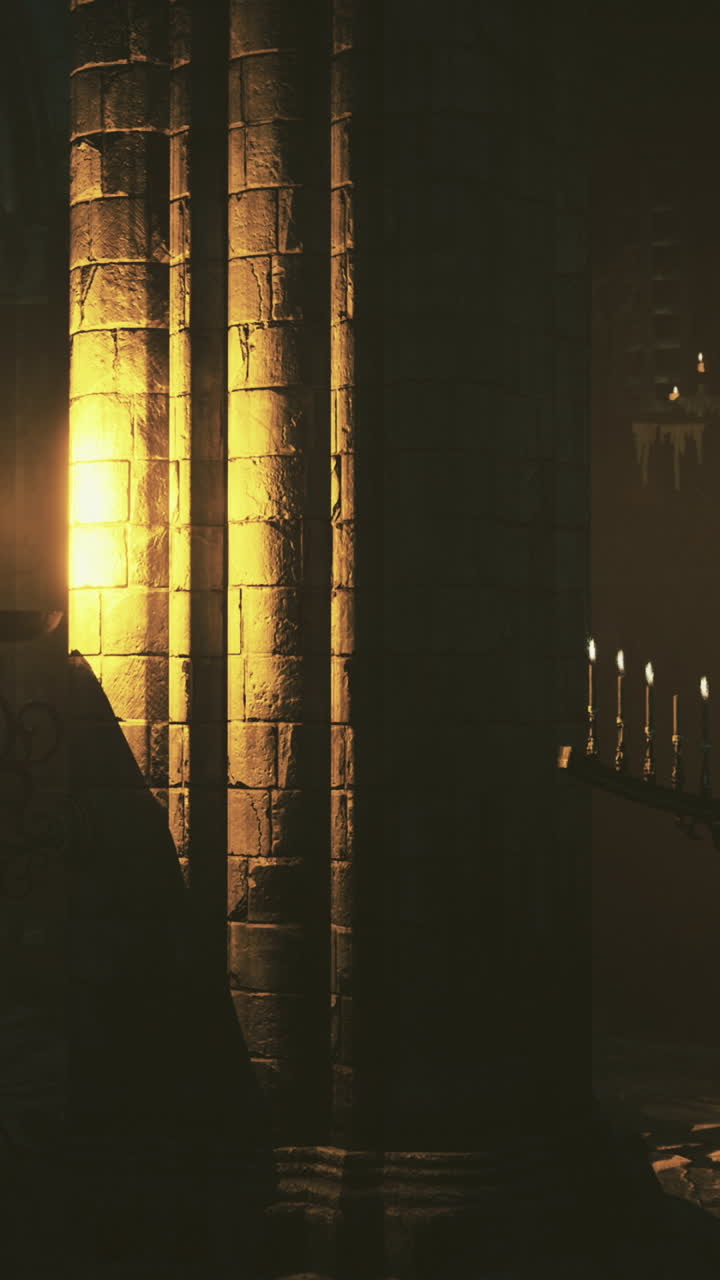 Gloomy interior of an ancient stone structure with flickering lights