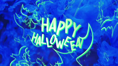 Animación-De-Texto-De-Feliz-Halloween-Y-Murciélagos-Sobre-Fondo-Azul