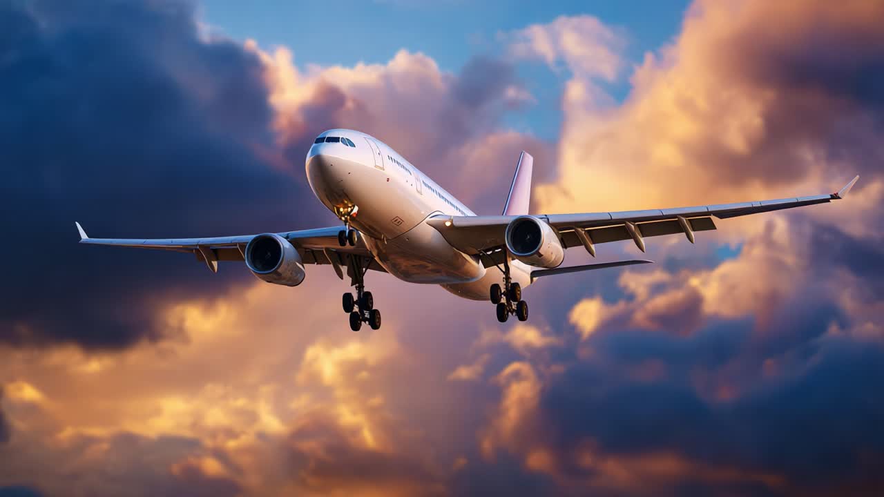 Splendida vista aerea di un aereo che atterra in un bellissimo cielo al tramonto, ricco di nuvole vivaci e colori brillanti, che cattura l'essenza del volo