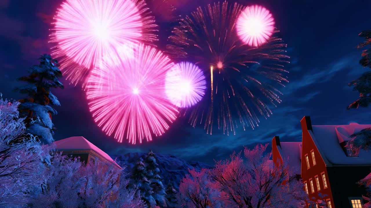 A Captivating Display of Colorful Fireworks Illuminates the Night Sky, Creating a Magical Atmosphere in a Winter Wonderland Surrounded by Snow-Covered Trees and Charming Houses