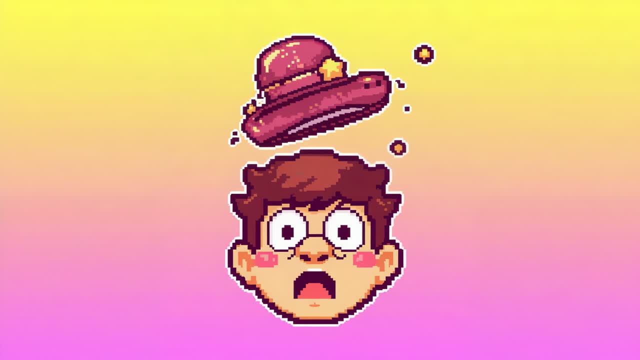 Reazione a un cappello sospeso, personaggio con testa pixel che cambia umore, guarda a destra su gradiente pastello, osserva sfere luminose