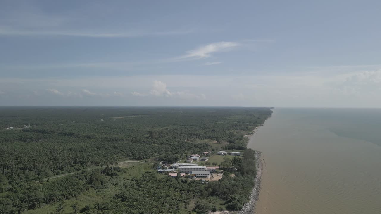 Aerial Drone View During Summer Alit Fishing Village,Kabong With, Facing Open Blue Sea, White Sandy Beach,Green Coconut, Palm Trees,And River,Sarawak,Borneo