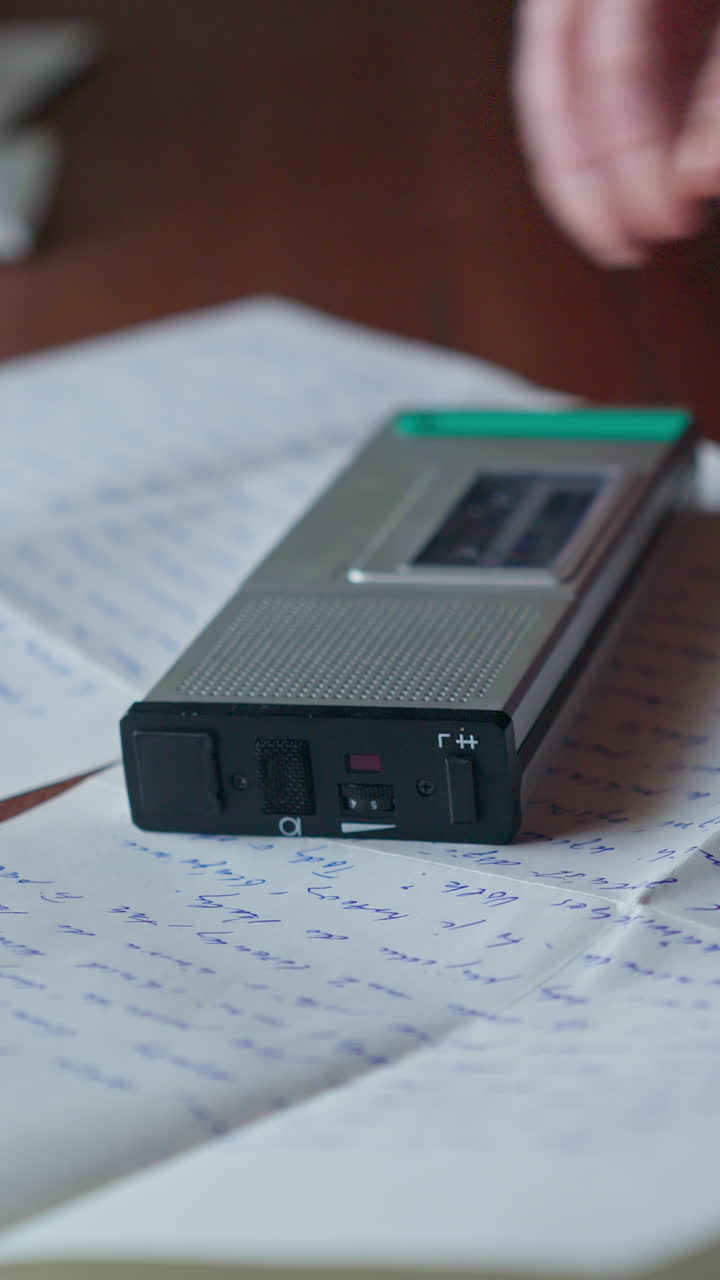 Hand placing analogue dictaphone recorder onto handwritten letter on office desk. Useful for journalism scenes, investigation visuals and retro technology concepts