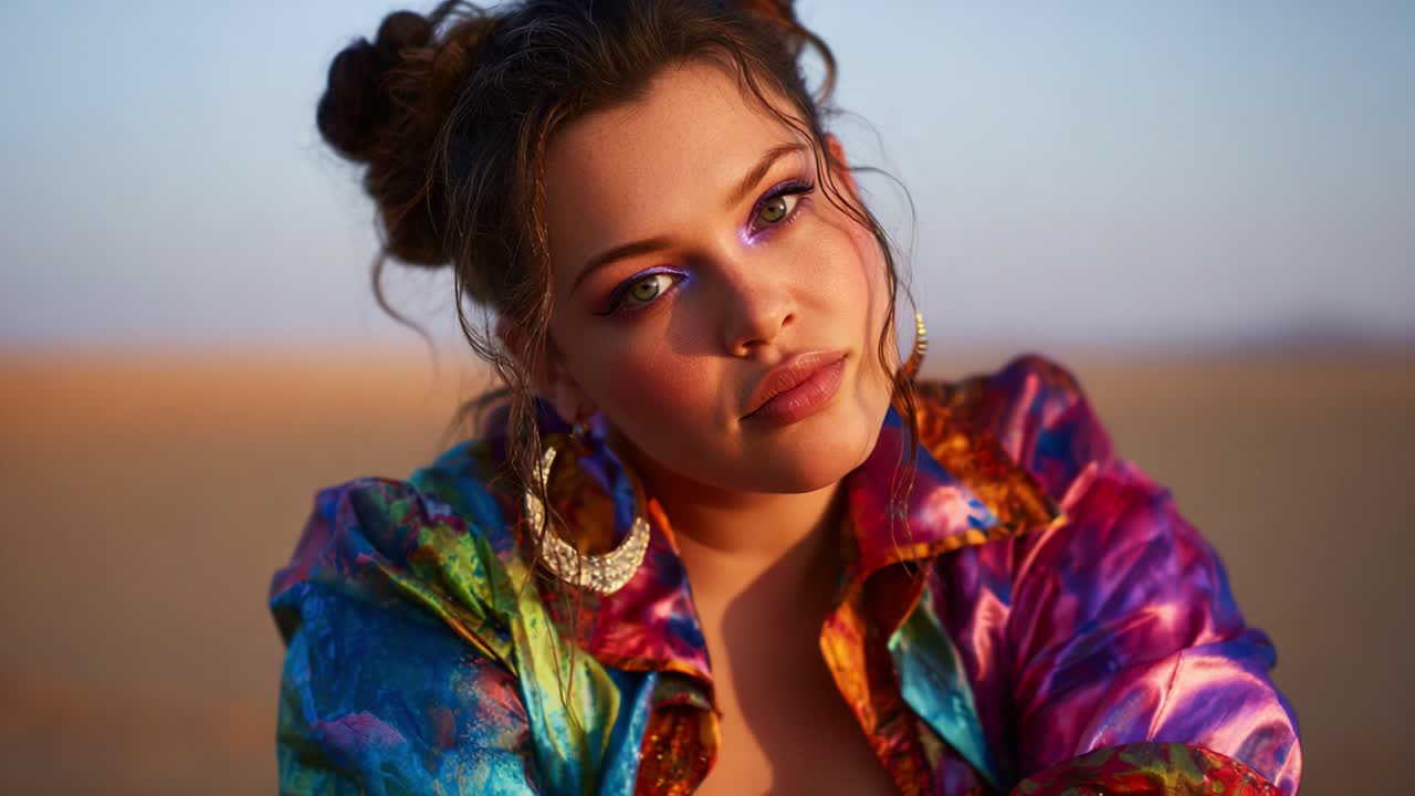 Vibrant Portrait of a Young Woman in a Colorful Jacket, Capturing Her Expressive Eyes and Bold Style Against a Sunset Background, Evoking a Modern Fashion Aesthetic