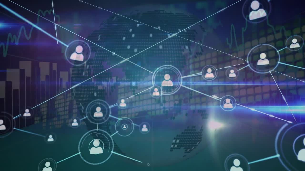 Animation of network of connections with icons over dark background