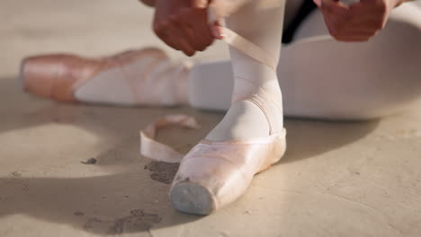 ballet, feet and hand tie shoes ribbon of woman