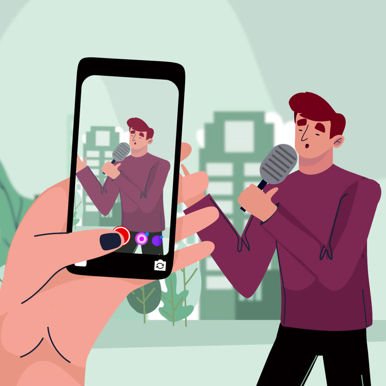 스마트폰에 녹음된 마이크로 노래하는 남자