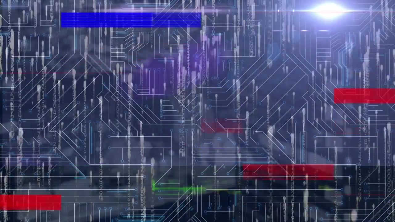 Animation of flickering rectangles over computer circuit board
