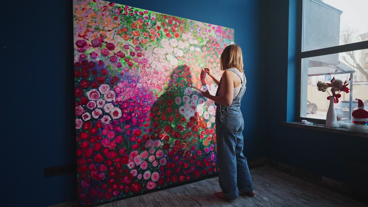 Kvinnelig kunstner maler stort, fargerikt blomstermaleri i atelier