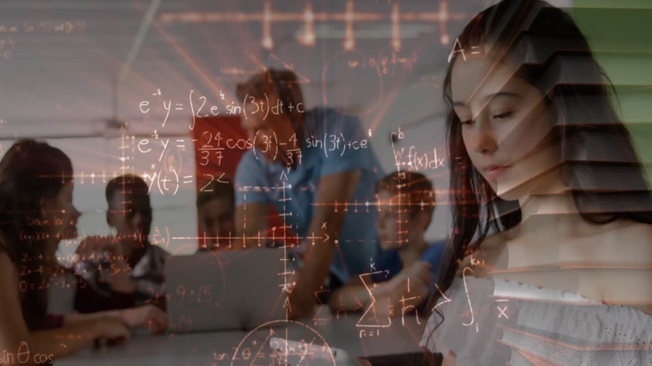 학교에서 스마트폰을 사용하는 두 인종의 소녀를 가로질러 움직이는 수학 공식의 애니메이션