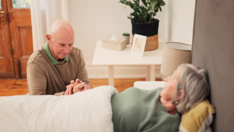 bed, sick and senior couple for care holding hands