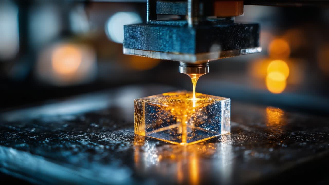 Innovative 3D Printing Process Captured in Detail: Vivid Imagery Showcases a Transparent Resin Block Being Modeled with Precision and Artistic Flair