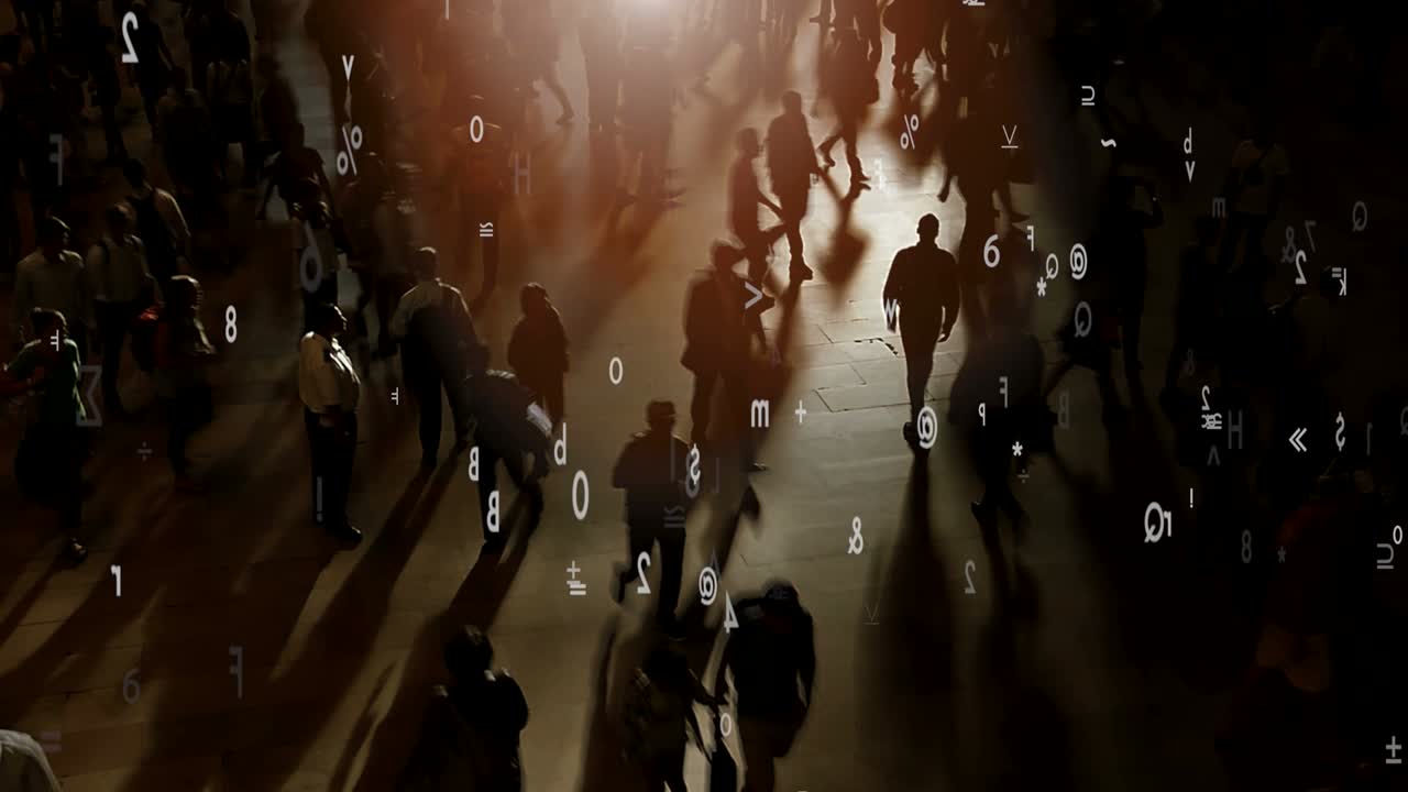 빅 데이터: 전면에 차트와 그래프를 가진 통근자.