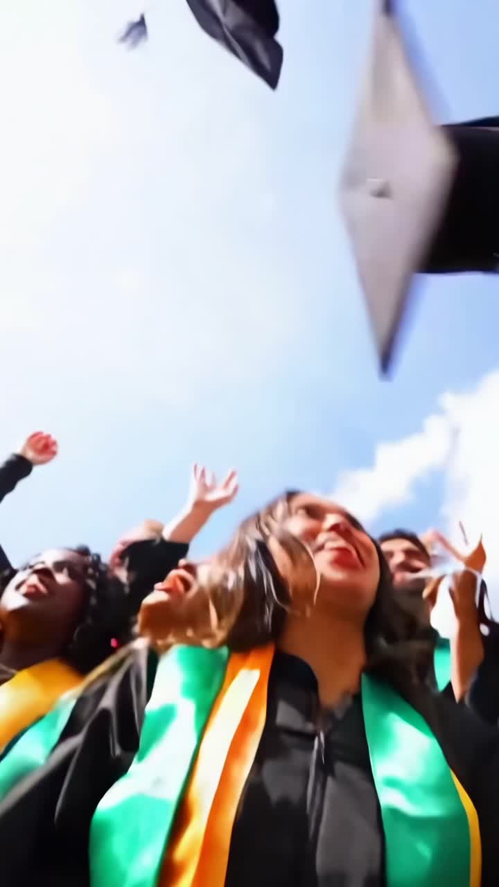 Low-angle video shot of graduates joyfully tossing caps into a bright blue sky, celebrating success