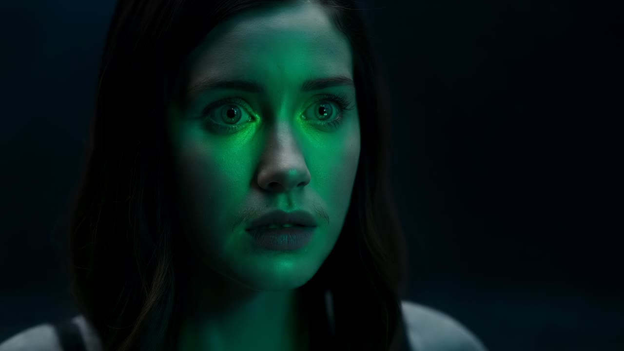 Reacting to off-camera teal light she in strappy top blinking as camera closing pupils showing ring