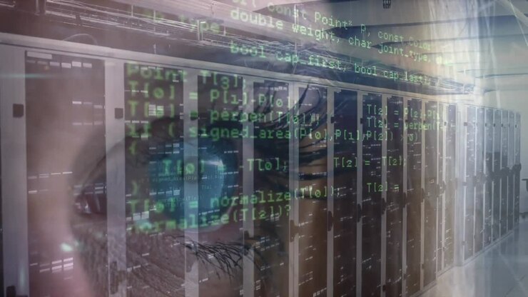 Animation of data processing and moving columns over eye and server room