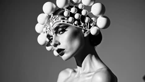 black and white portrait of a woman with an ornate spherical headpiece