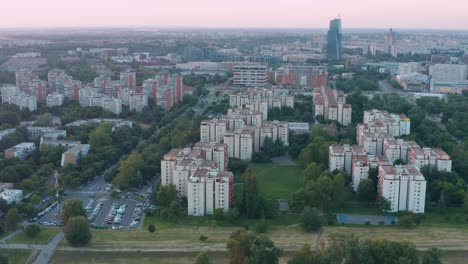 aerial shot of belgrade residential buildings, serbia capital at sunset