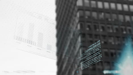 animation of financial data processing over office building