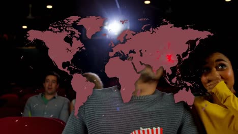 animación del procesamiento de datos de covid 19 con el mapa del mundo sobre las personas en el cine