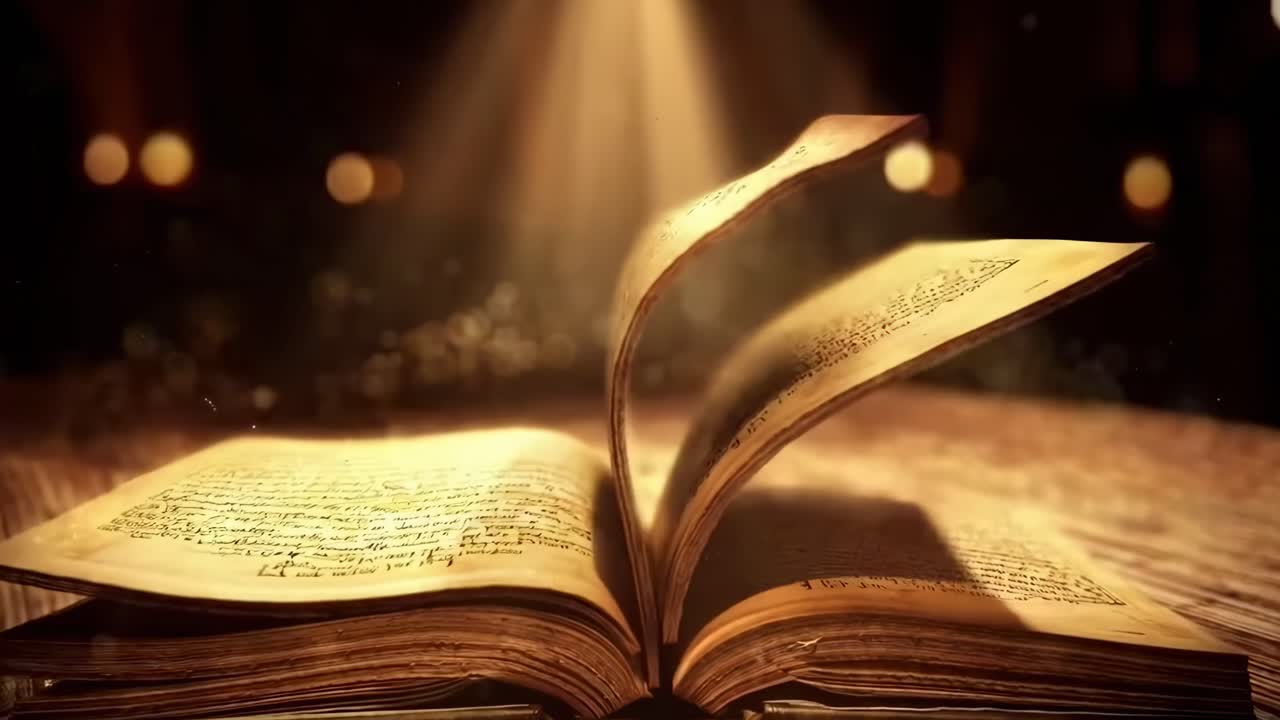 Libro aperto magico su tavolo di legno, ripresa dal basso con pagine luminose, ideale per video.