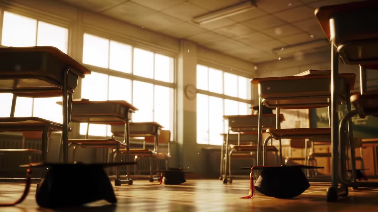 A Captivating Scene Inside an Empty Classroom with Desks and Graduation Caps, Bathed in Warm Sunlight, Evoking a Sense of Achievement and Reflection